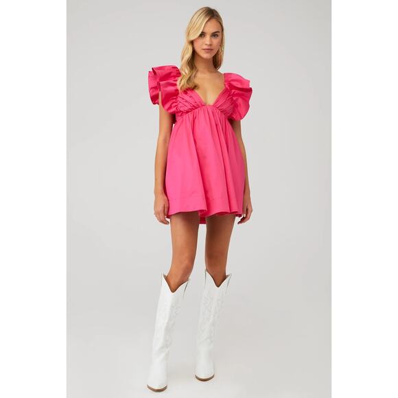 For Love & Lemons Clementine Poplin Babydoll Mini Dress Ruffle Cap Sleeve Pink M - Picture 1 of 13